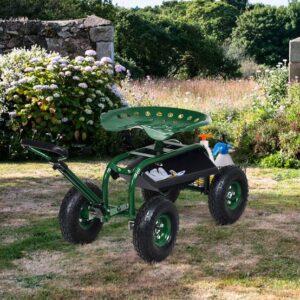 Gartenwagen mit ausziehbarem Griff, Aufbewahrungskorb und 2 Werkzeugtabletts, 4-Rad-Scooter, 96,5 x 48,5 x 45,5-54,5 cm, grün