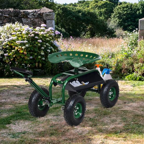 Gartenwagen mit ausziehbarem Griff, Aufbewahrungskorb und 2 Werkzeugtabletts, 4-Rad-Scooter, 96,5 x 48,5 x 45,5-54,5 cm, grün – Image 2