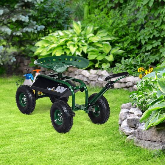 Gartenwagen mit ausziehbarem Griff, Aufbewahrungskorb und 2 Werkzeugtabletts, 4-Rad-Scooter, 96,5 x 48,5 x 45,5-54,5 cm, grün – Image 3