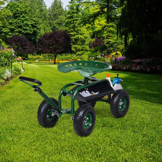 Gartenwagen mit ausziehbarem Griff, Aufbewahrungskorb und 2 Werkzeugtabletts, 4-Rad-Scooter, 96,5 x 48,5 x 45,5-54,5 cm, grün – Image 4