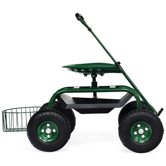 Gartenwagen mit ausziehbarem Griff, Aufbewahrungskorb und 2 Werkzeugtabletts, 4-Rad-Scooter, 96,5 x 48,5 x 45,5-54,5 cm, grün – Image 6