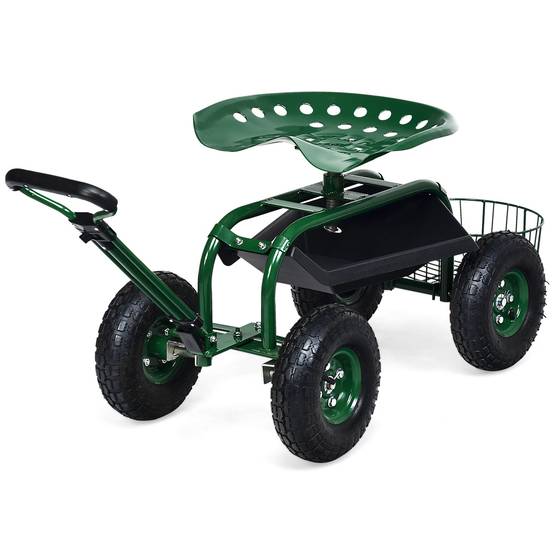 Gartenwagen mit ausziehbarem Griff, Aufbewahrungskorb und 2 Werkzeugtabletts, 4-Rad-Scooter, 96,5 x 48,5 x 45,5-54,5 cm, grün – Image 7