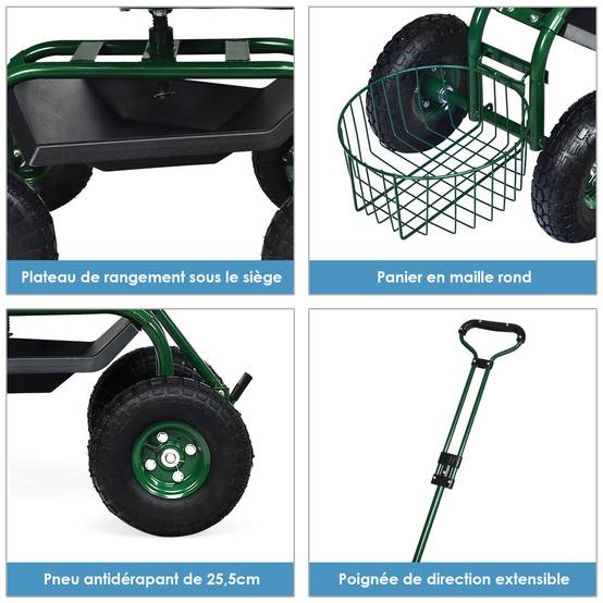 Gartenwagen mit ausziehbarem Griff, Aufbewahrungskorb und 2 Werkzeugtabletts, 4-Rad-Scooter, 96,5 x 48,5 x 45,5-54,5 cm, grün – Image 8