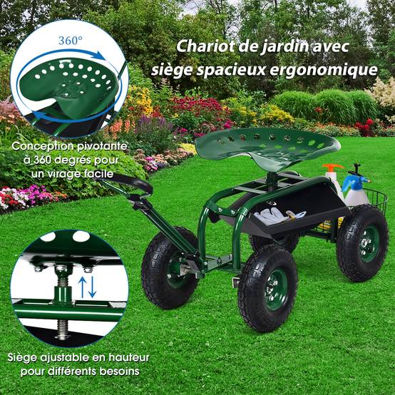 Gartenwagen mit ausziehbarem Griff, Aufbewahrungskorb und 2 Werkzeugtabletts, 4-Rad-Scooter, 96,5 x 48,5 x 45,5-54,5 cm, grün – Image 9