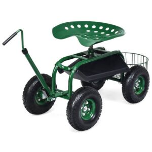 Gartenwagen mit ausziehbarem Griff, Aufbewahrungskorb und 2 Werkzeugtabletts, 4-Rad-Scooter, 96,5 x 47,5 x 47-55 cm, grün