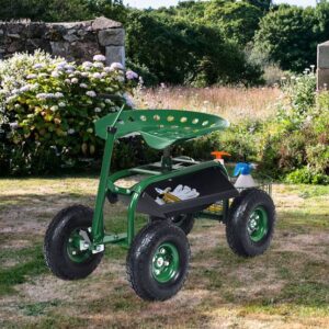 Gartenwagen mit ausziehbarem Griff, Aufbewahrungskorb und 2 Werkzeugtabletts, 4-Rad-Scooter, 96,5 x 47,5 x 47-55 cm, grün