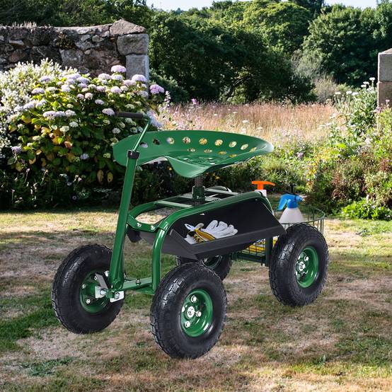 Gartenwagen mit ausziehbarem Griff, Aufbewahrungskorb und 2 Werkzeugtabletts, 4-Rad-Scooter, 96,5 x 47,5 x 47-55 cm, grün – Image 2