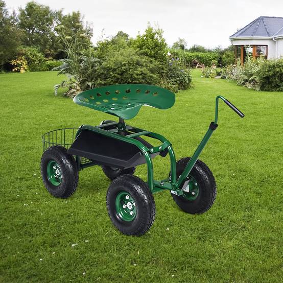 Gartenwagen mit ausziehbarem Griff, Aufbewahrungskorb und 2 Werkzeugtabletts, 4-Rad-Scooter, 96,5 x 47,5 x 47-55 cm, grün – Image 3