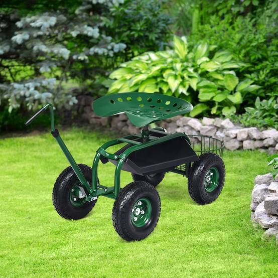 Gartenwagen mit ausziehbarem Griff, Aufbewahrungskorb und 2 Werkzeugtabletts, 4-Rad-Scooter, 96,5 x 47,5 x 47-55 cm, grün – Image 4