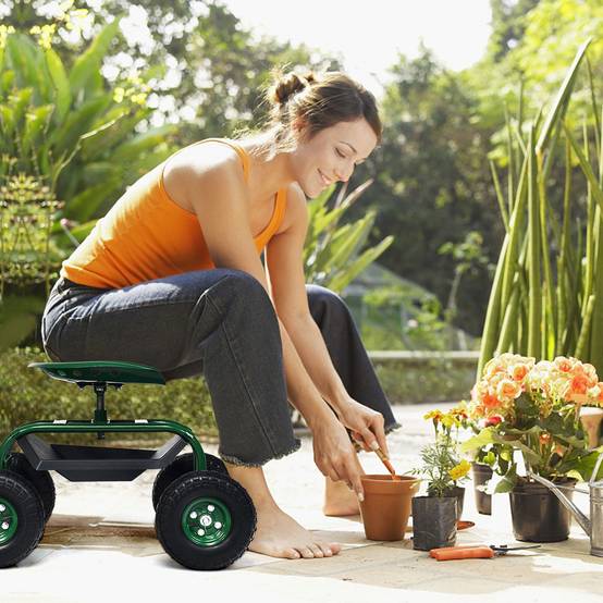 Gartenwagen mit ausziehbarem Griff, Aufbewahrungskorb und 2 Werkzeugtabletts, 4-Rad-Scooter, 96,5 x 47,5 x 47-55 cm, grün – Image 5