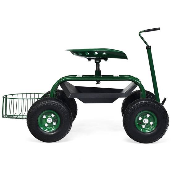 Gartenwagen mit ausziehbarem Griff, Aufbewahrungskorb und 2 Werkzeugtabletts, 4-Rad-Scooter, 96,5 x 47,5 x 47-55 cm, grün – Image 6