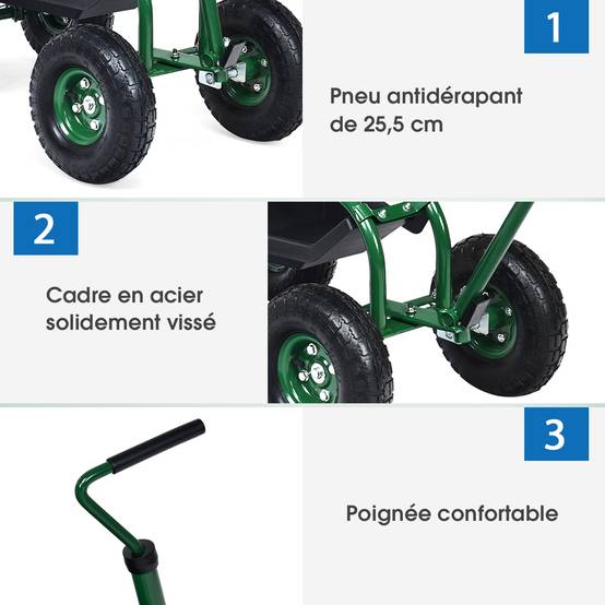 Gartenwagen mit ausziehbarem Griff, Aufbewahrungskorb und 2 Werkzeugtabletts, 4-Rad-Scooter, 96,5 x 47,5 x 47-55 cm, grün – Image 8