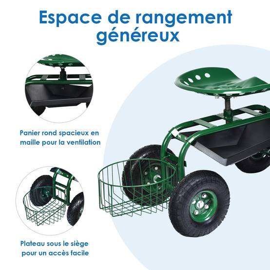 Gartenwagen mit ausziehbarem Griff, Aufbewahrungskorb und 2 Werkzeugtabletts, 4-Rad-Scooter, 96,5 x 47,5 x 47-55 cm, grün – Image 9