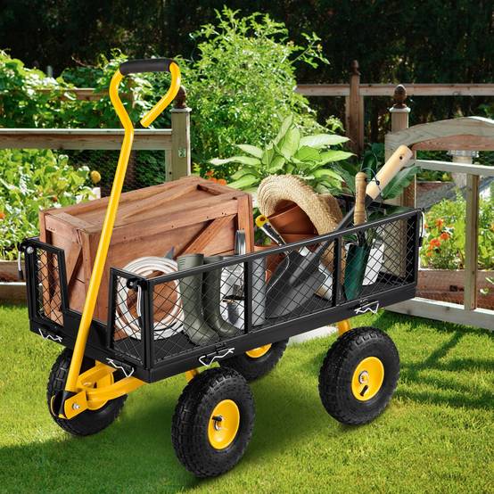 Gartenwagen aus Stahl mit großer Kapazität, 500 kg, abnehmbare Seiten, drehbarer Griff, Schwarz - ComfortXL Outdoor Living