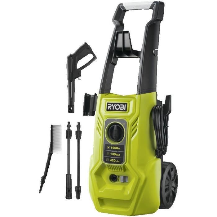 RYOBI - Hochdruckreiniger 1600 W 130 bar - 420 l - 5 m Schlauch, 0,9 l Tank + Vario- und Turbolanzen und Bürste - RY130PWA