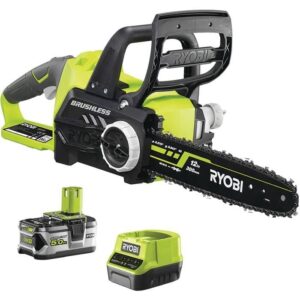 RYOBI – Tronçonneuse 18V ONE+ – Brushless – guide 30cm – 10 m/s – tendeur sans outil + batterie 5,0 Ah & chargeur 2,0A – RCS18X3050F