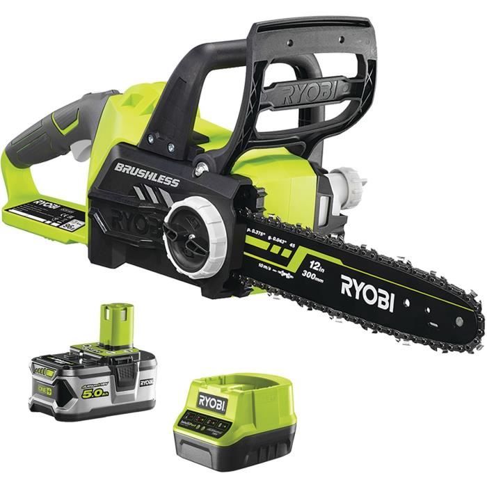 RYOBI - Tronçonneuse 18V ONE+ - Brushless - guide 30cm - 10 m/s - tendeur sans outil + batterie 5,0 Ah & chargeur 2,0A - RCS18X3050F