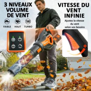 Souffleur de Feuilles sans Fil avec Moteur Brushless 900W Batterie 36v (2×4,0Ah) Puissant 15,2 m³/min Orange et Noir