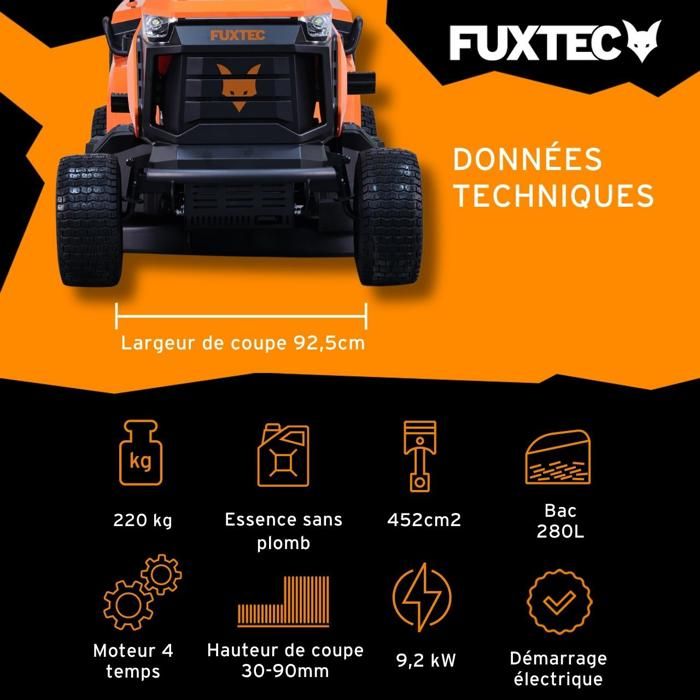 FUXTEC FX-RMT92A Aufsitzrasenmäher – Rasenmähertraktor – 452 cm³ – 9,2 kW – 92,5 cm – Hydrostatisch – Ablage 280 L – 6000 m² – Image 4