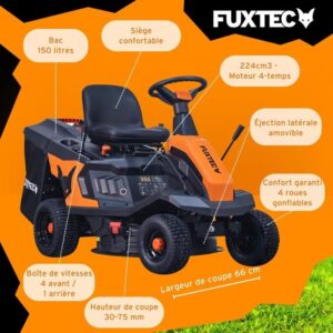 FUXTEC FX-RMR66 Aufsitzmäher, 6 PS Rasentraktor, Schnittbreite 66 cm, 150 L Schale, verstellbare Schnitthöhe
